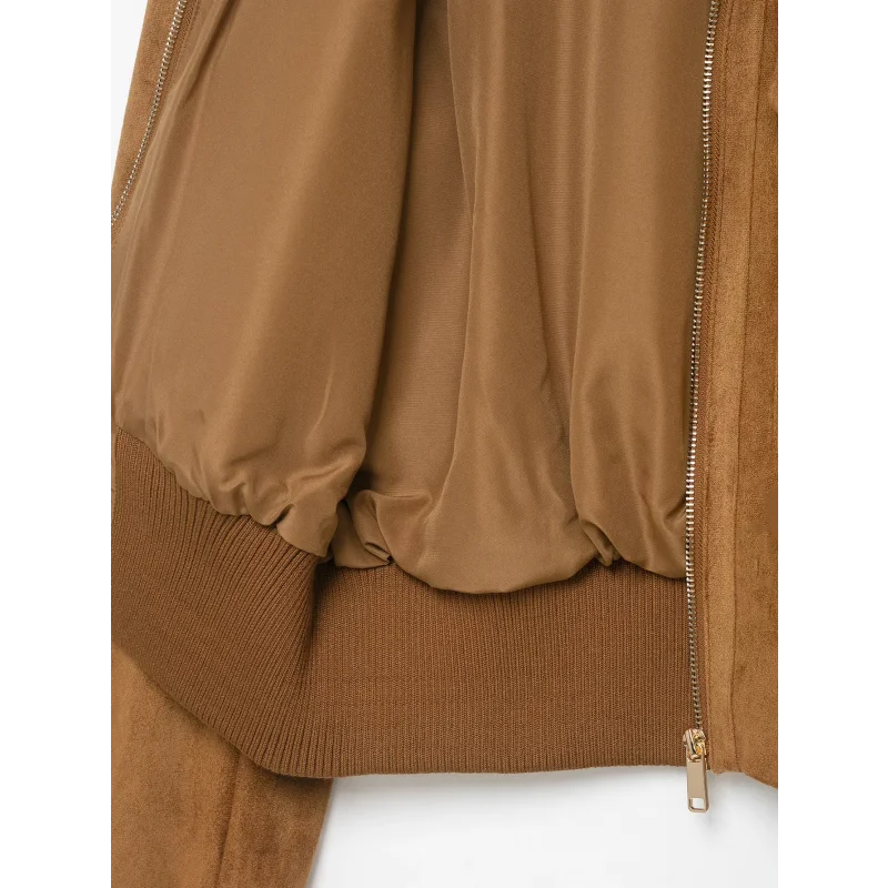 Damen-Jacke aus Wildlederimitat, Herbstkollektion, mit geripptem, hohem Kragen, Reißverschluss, langen Ärmeln und Taschen, kurze Vintage-Oberbekleidung. – Detail 15