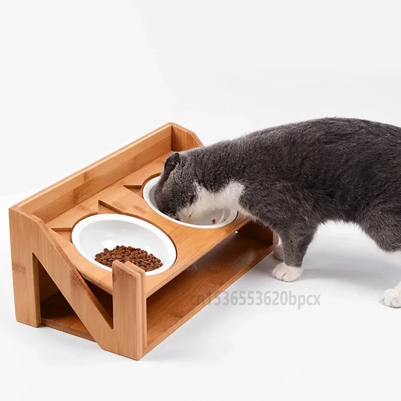 Adjustable Height Cat Bowl Inclined Lifting Ceramic and Stainless Steel Food Basin for Pets Ergonomic Feeding Design