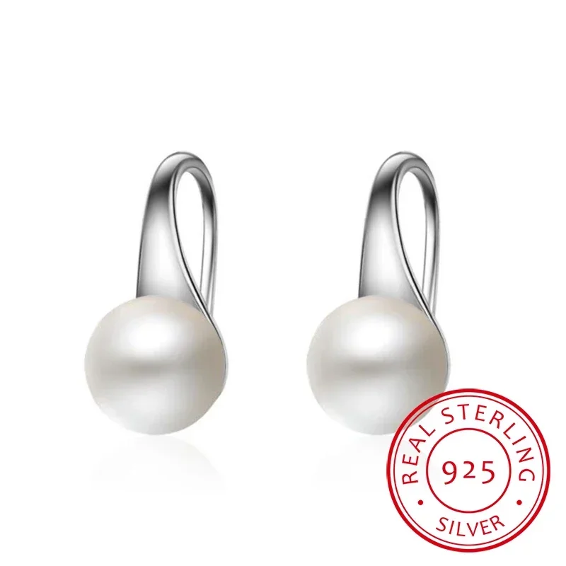 925 Sterling Silver Earrings for Women Elegant Round Natural Freshwater Pearl Hook Dangle Drop Wedding Christmas Gifts Jewelry