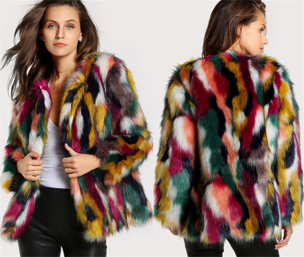 2024 nuovo cappotto di pelliccia pelliccia colorata imitazione pelliccia cappotto di pelliccia invernale da donna casual senza colletto a maniche lunghe corte