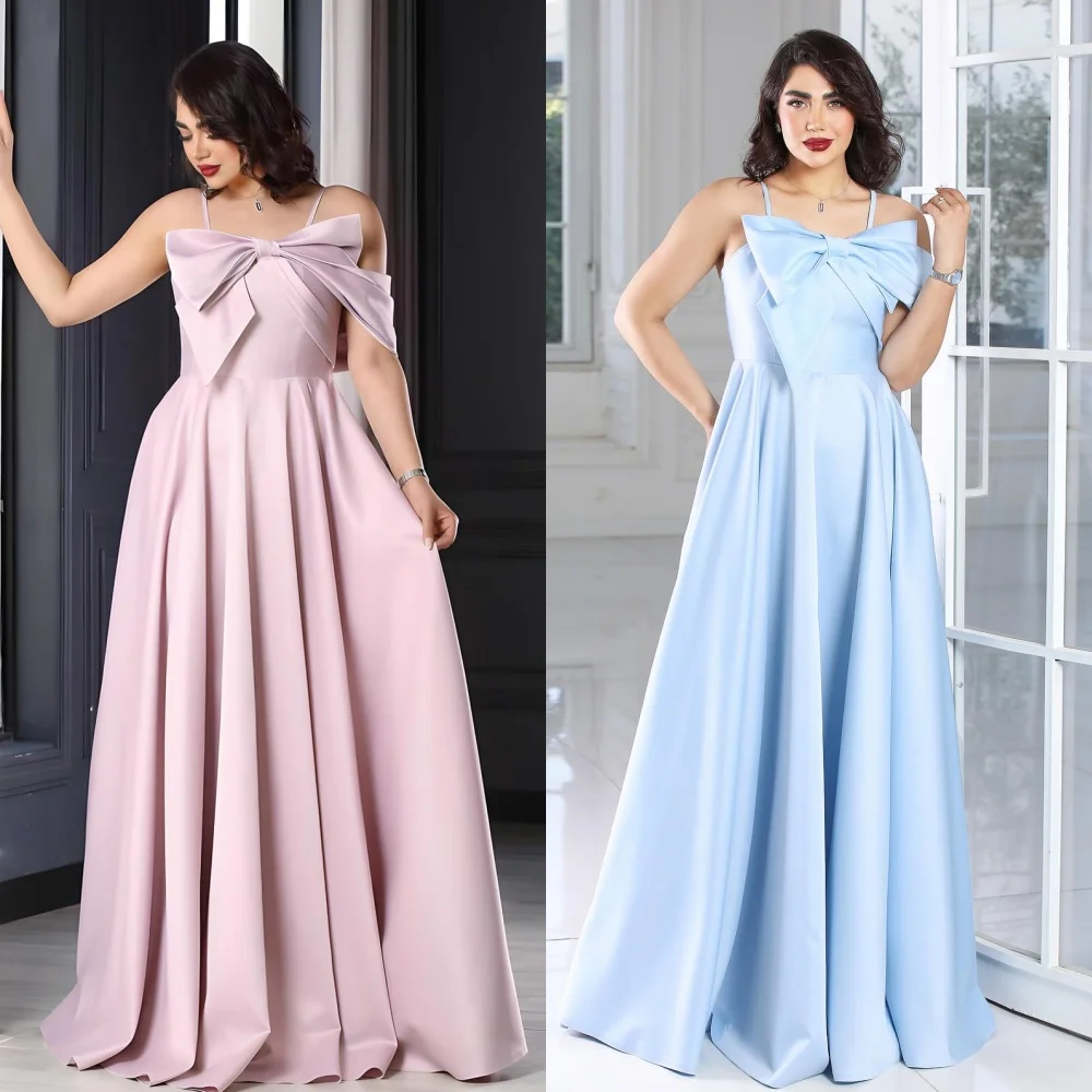 

Customized Matching Modern Style Bow Pleat Draped A-line Spaghetti strap Long Dresses Bespoke Occasion Dresses High Quality Sexy