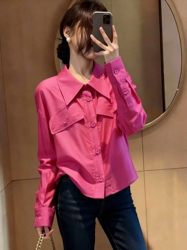 

Slimming Effect Pink Collar Open Cardigan Women's Casual Commute Style Long Sleeve Shirt Early Spring Fashion Ladies' Pr...
