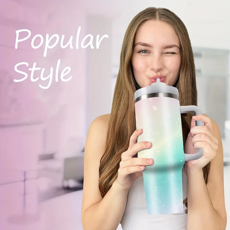 1pc, 40oz Second-generation Handle and Lid Car Cup, with Anti-slip Handle, Lid and Straw, Very Suitable for Cold Drinks, Juice, Coffee and Other Water Cups, Suitable for Outdoor Travel, Sports or as a Festival Gift.