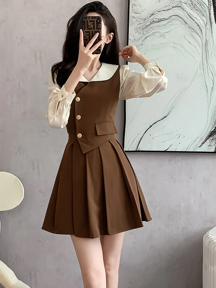 

Женское модное лоскутное белое мини-платье с длинным рукавом и кукольным воротником, осеннее элегантное платье в консервативном стиле, 2025 корейское облегающее платье, Vestidos