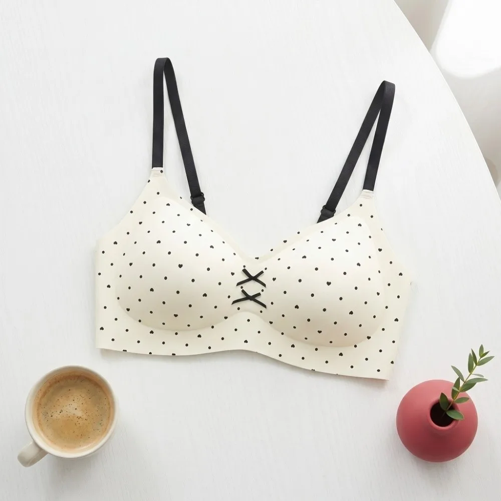 Traceless Dots Wireless V Bra Flower Bow Shockproof Brassiere for Women Gathered Breasts Anti-sagging Seamless Floral Print Bra