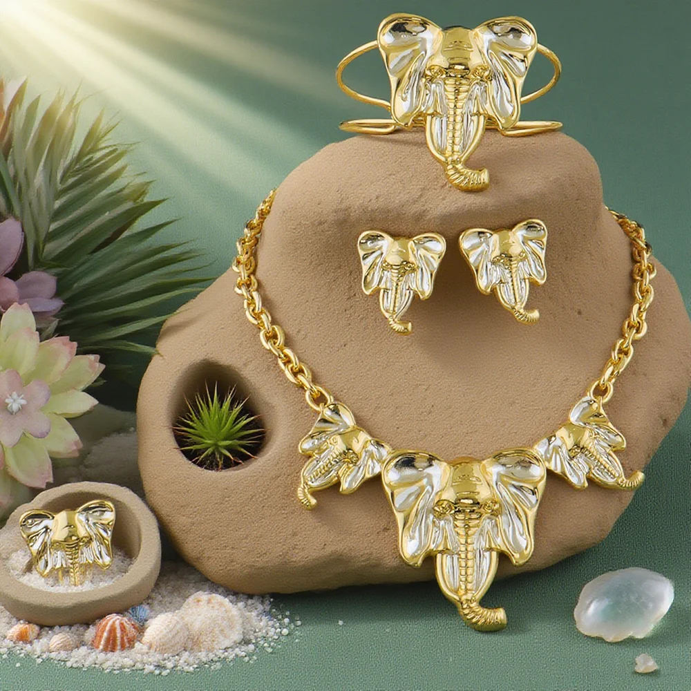 

luxury gold plated woman jewerly set Dubai Gold Color Elephant Bracelet Ring Earrings Necklace Set For Women Party Gift