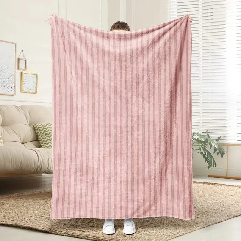 

Dusty Pink Stripe Flannel Blanket Warm Cozy Throw for Sofa Bed Couch Sweet Home Decor