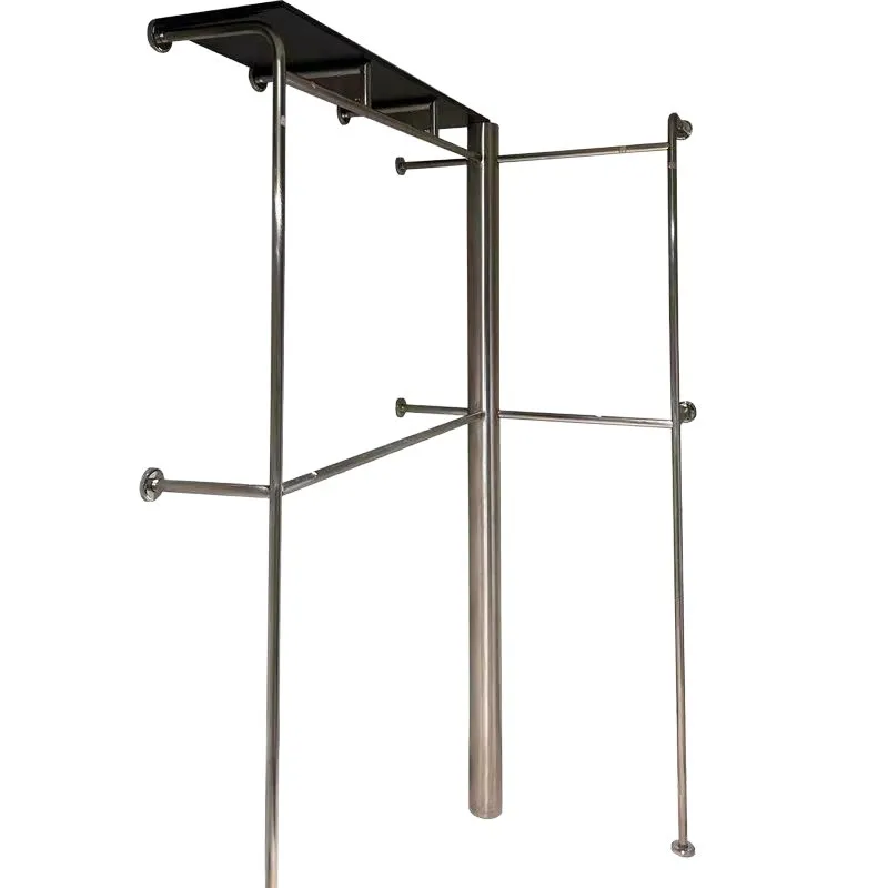 Stainless steel brushed clothing display rack, cloakroom, coat rack, wall display, with plate display, clothes rod rack