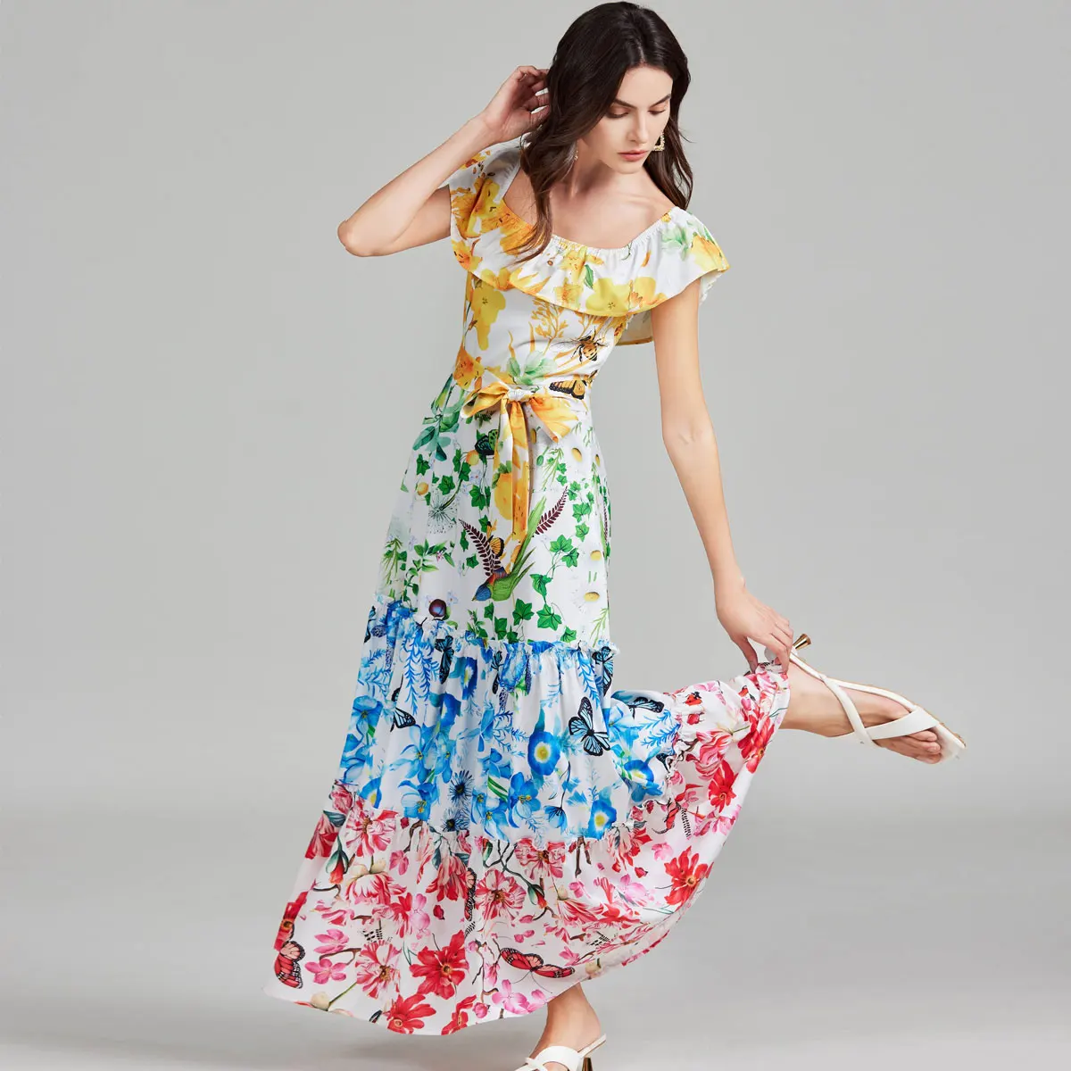 Summer Holiday Print Party Flower Dress Women's Off Shoulder Ruflles Slash Neck Backless Lace Up Belt Long Boho Robe Vestidos