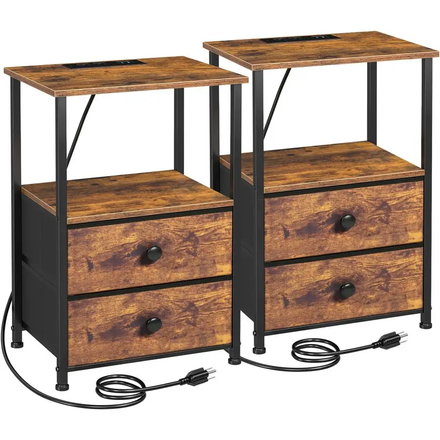 

Night Stand Set 2, Nightstand with Charging Station, End Tables with Storage Shelf for Small Spaces, Bedside Table Side Tables
