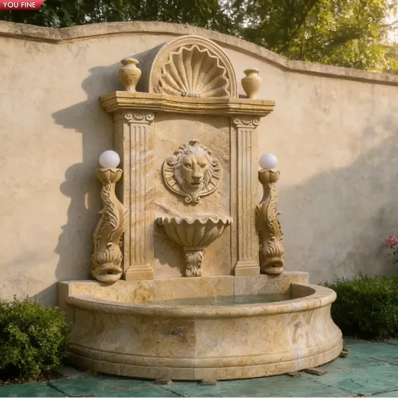 YOUFINE Beige Marble Wall Fountain with Lion Head Outdoor Decor for Villa Garden