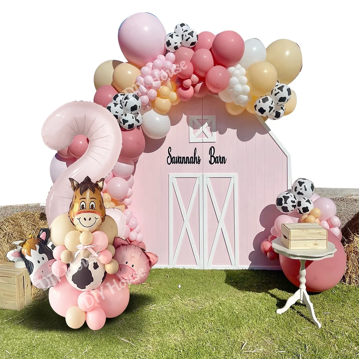 Carton Farm Animal Balloon Set with Pink Foil Number Balloon for Kids Farmland Animal Happy Birthday Party Decoration Supplies