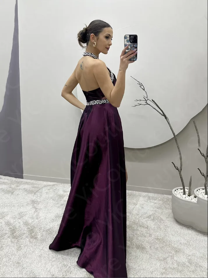 Vestidos de fiesta morados clásicos personalizados, vestidos de noche sin mangas con abertura en el muslo, vestido de fiesta de cumpleaños con cuello Halter, vestido de noche con espalda descubierta