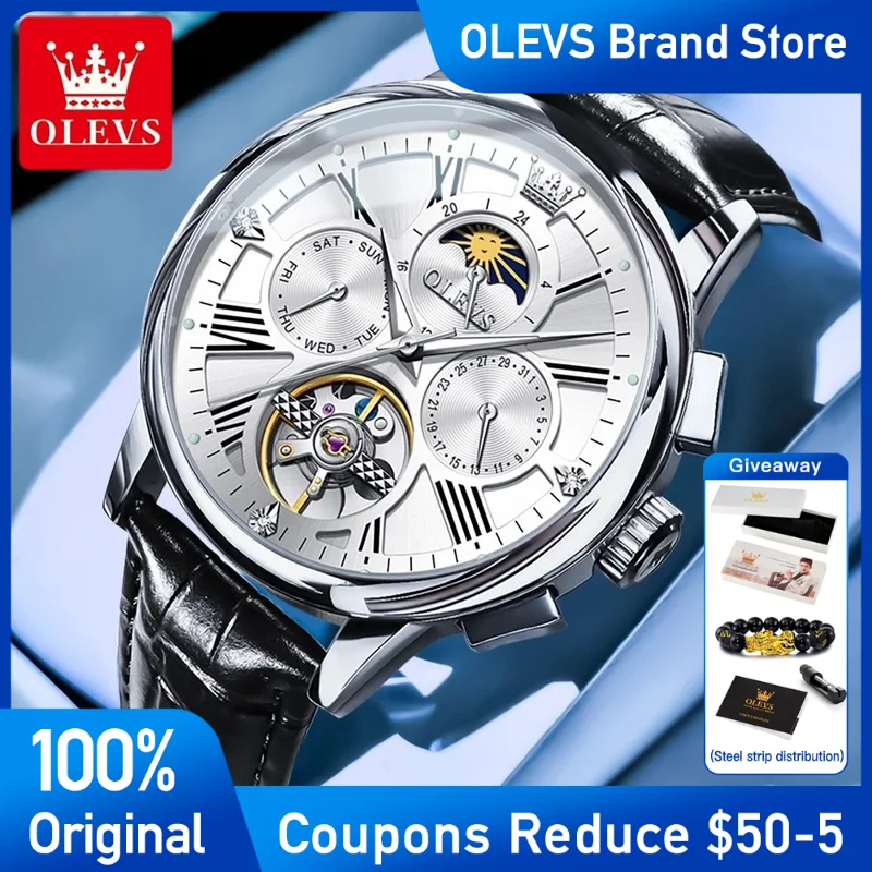 

OLEVS Mens Watch Original Mechanical Men's Wristwatch Leather Strap Waterproof Luminous Dual calendar Moon Phase Brand Reloj