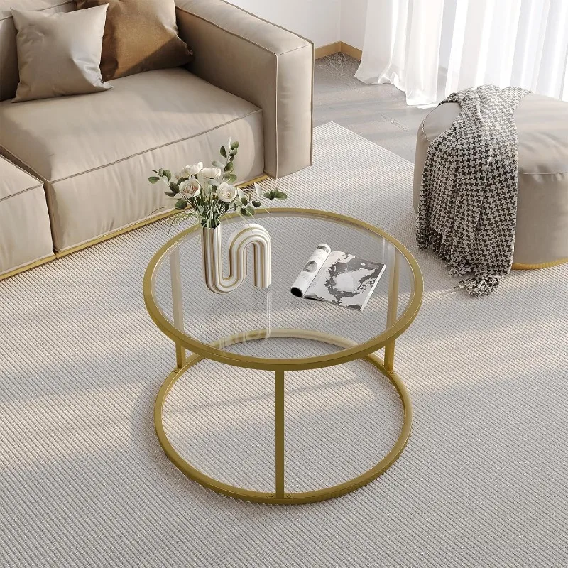 Round Gold Coffee Table for Small Space Modern Simple Center Table with Gold Frame for Living Room Home Office，Easy Assembly