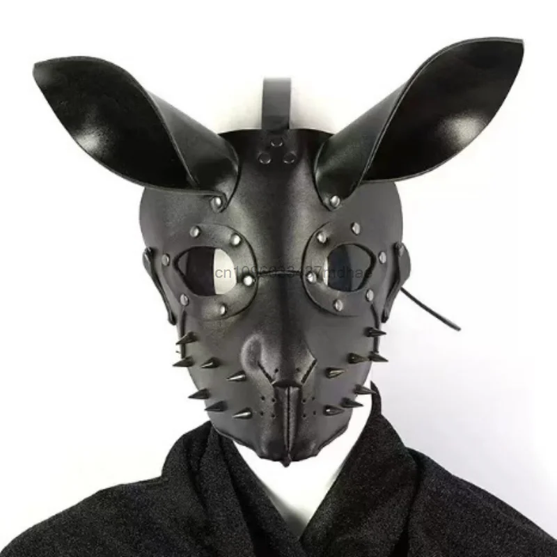 Gothic Punk Rabbit Ear Horse Mask Black Faux Leather Spiked Rivet Black Mask Halloween Carnival Party Stage Cosplay Costume Prop 5