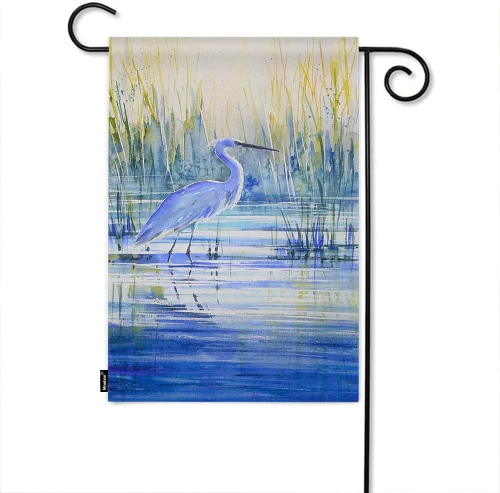 Moslion Heron Garden Flag Watercolor Blue Heron Crane Bird Animal Wildlife Leaves Water Nature Summer Seasonal Garden Flag Outdo