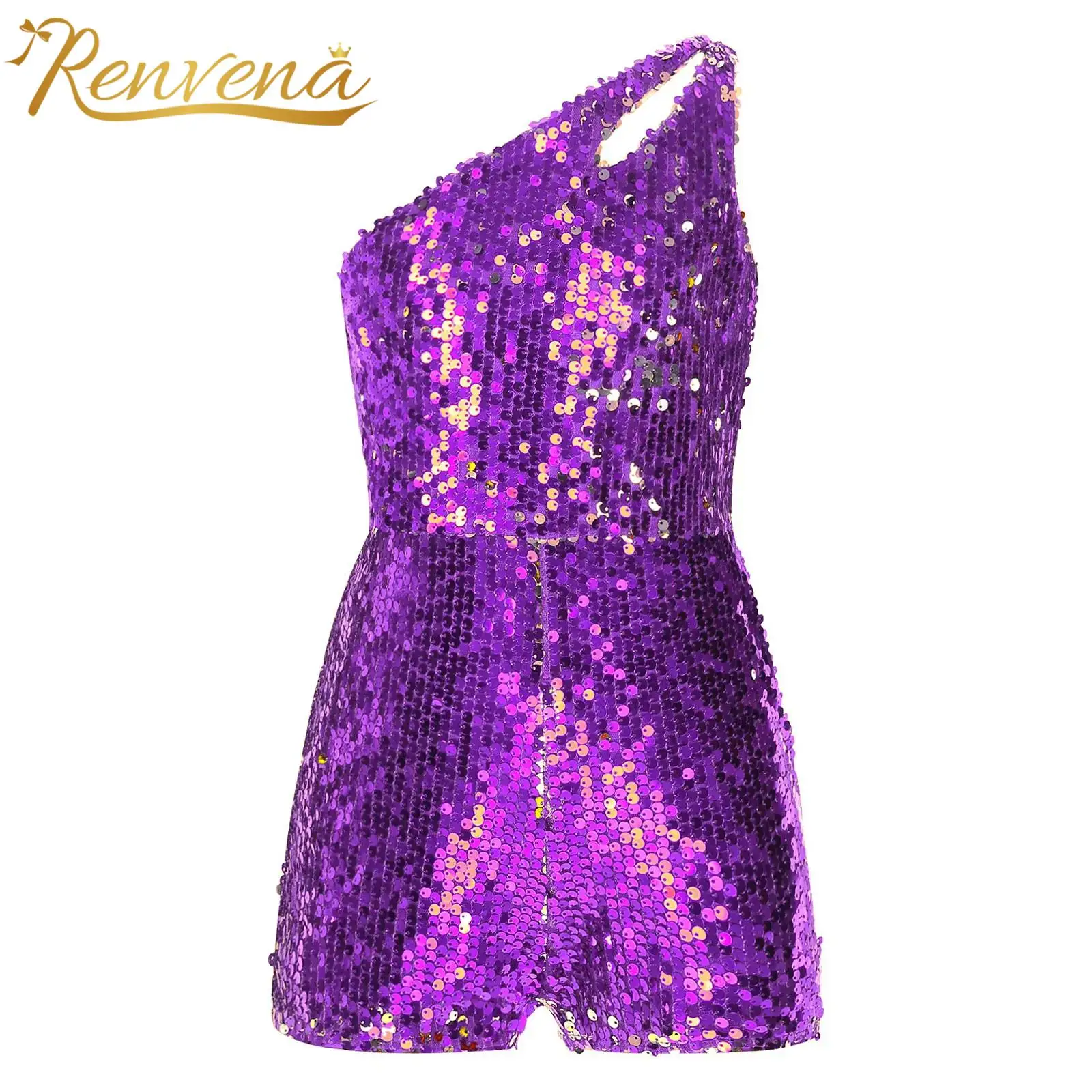 

Kids Girls Shiny Sequin Rompers Party Jumpsuit One Shoulders Sleeveless Short Unitards for Ball Cha-Cha Jazz Dance Costumes