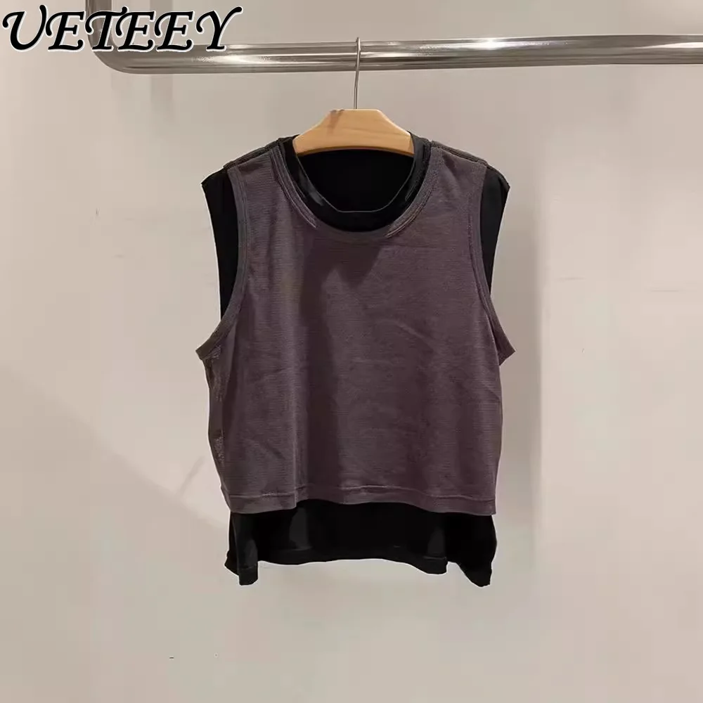 Niche Summer New Fake Two-piece Sling Outer Wear Vest Round Neck Design Sense Contrasting Color Sleeveless Tank Top for Women