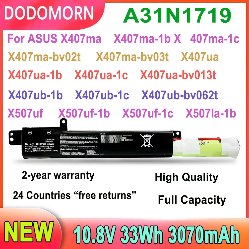 DODOMORN A31N1719 High Quality Battery For ASUS X407ma 407ma-1c X407ma-bv02t X407ma-bv03t Laptop Series 2-year warranty 10.8V