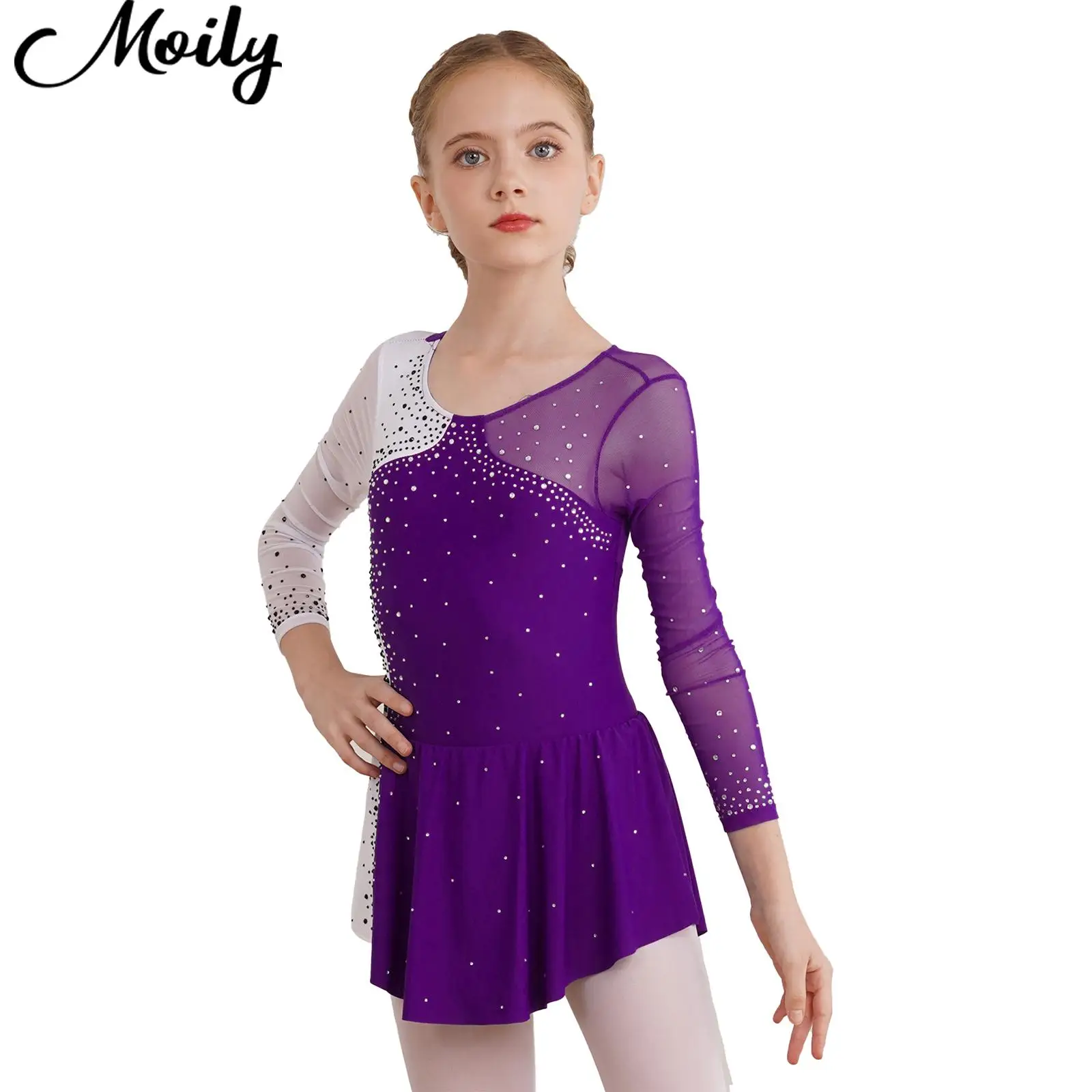 

Kids Girls Figure Ice Skating Costumes Lyrical Modern Dance Dress Long Sleeve Ballet Rhythmic Gymnastics Leotard Mesh Tutu Dress