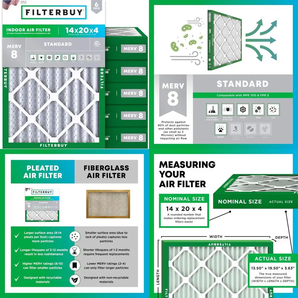 

MERV 8 плиссированных воздушных фильтров 14x20x4 — 6 шт., замена пылезащитной защиты для систем печей HVAC AC