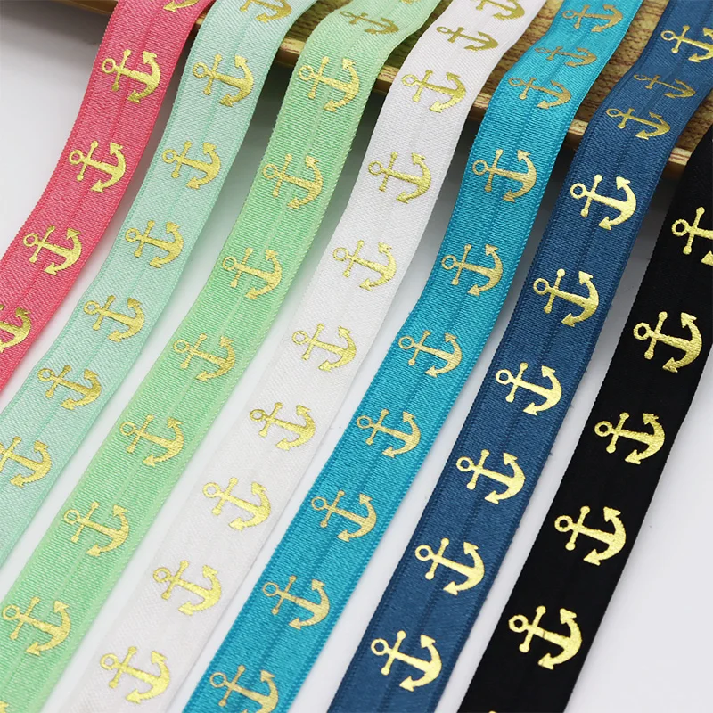 5/8'' 15mm Gold Foil Laser Hologram Silver Ship Anchor Printed FOE Fold Over Elastic Ribbon For Headbands DIY Sewing Accessories