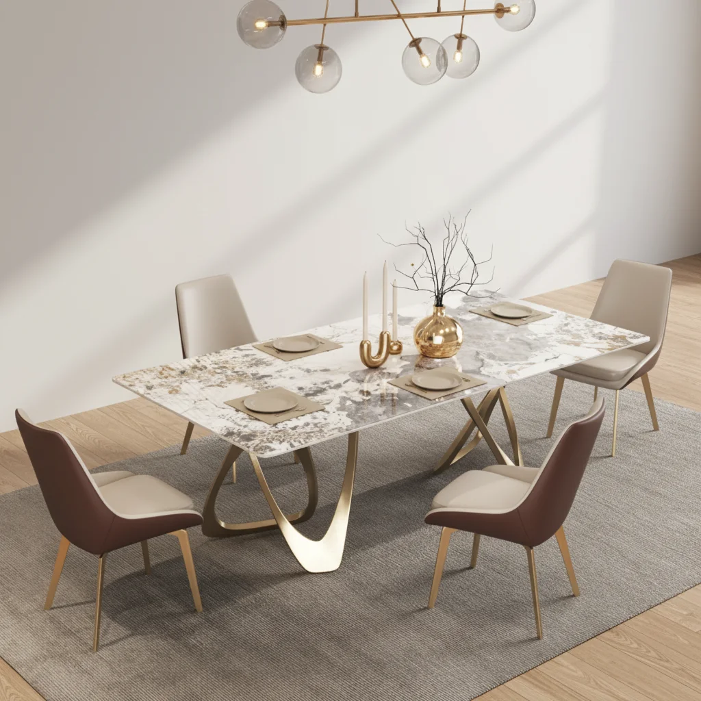 Competitive Price High End Contemporary Extendable Dining Table Set 6 Chairs Mirrored Shiny Sintered Stone Top Modern Home Hotel