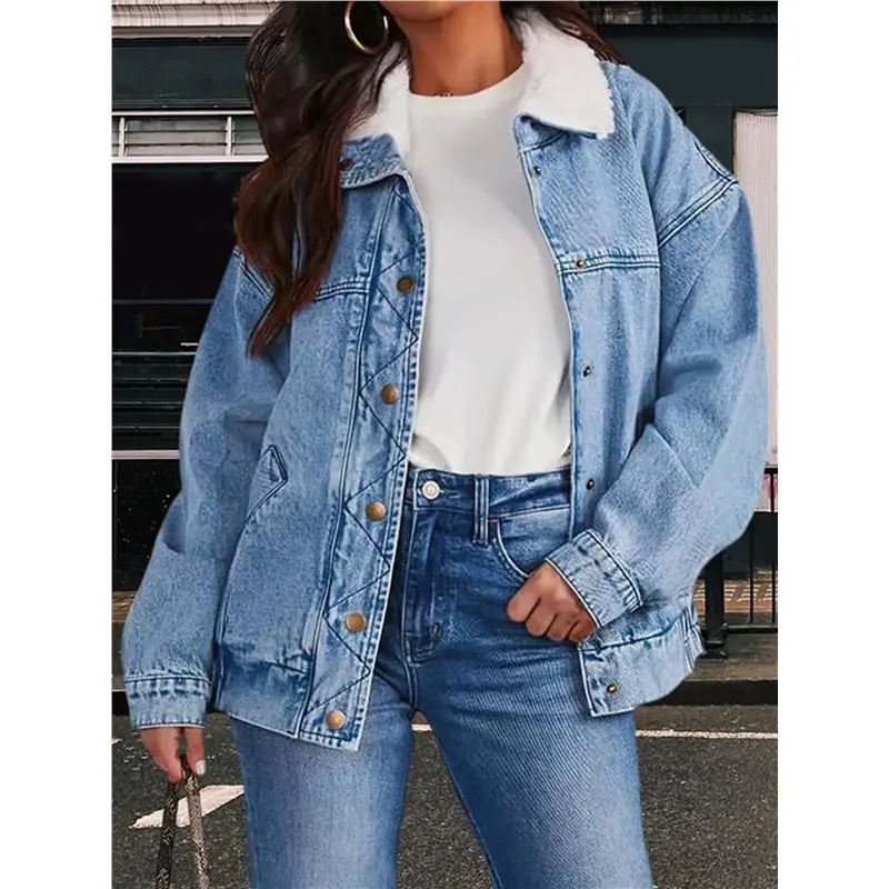 เสื้อแจ็คเก็ตยีนส์ผู้หญิง BMBY แบบวอร์ม สไตล์บอยเฟรนด์ แจ็คเก็ตยีนส์ทรงทรัคเกอร์