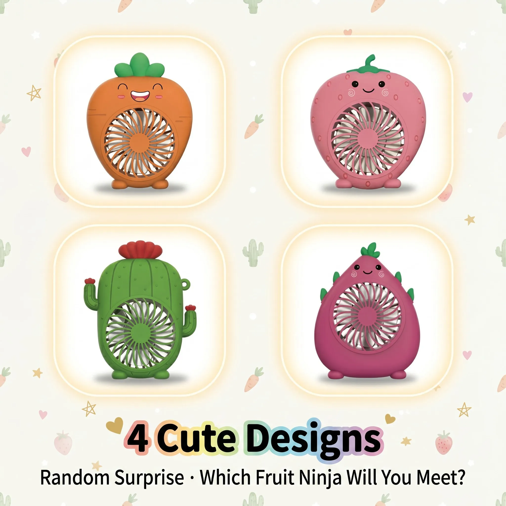 Cute Fruit Veggie Ninja Blind Box Mini Fan USB Rechargeable 3-Speed Night Light 3-in-1 Handheld Desktop Lanyard 12 Random Design