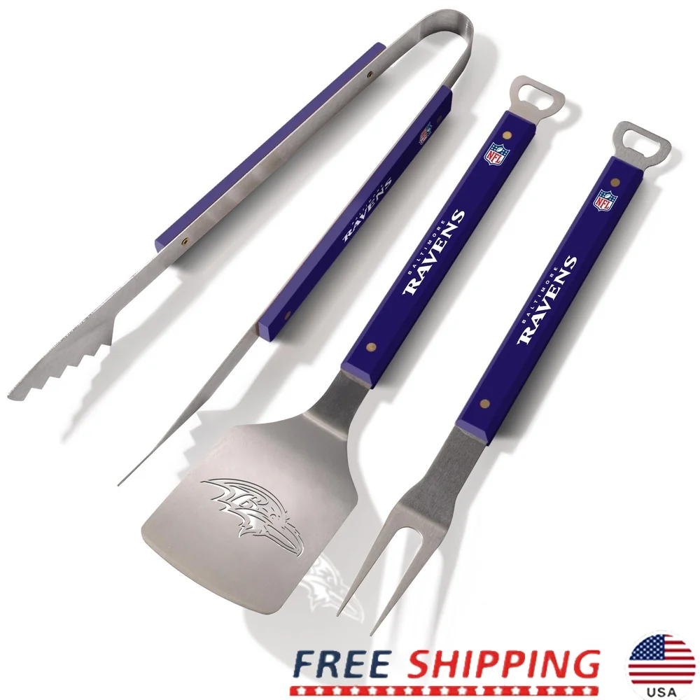

NFL BBQ Tool Set 3pc Sportula Tongs Grill Fork Stainless Steel Team Logo Handles Tailgating Gift Integrated Bottle Opener