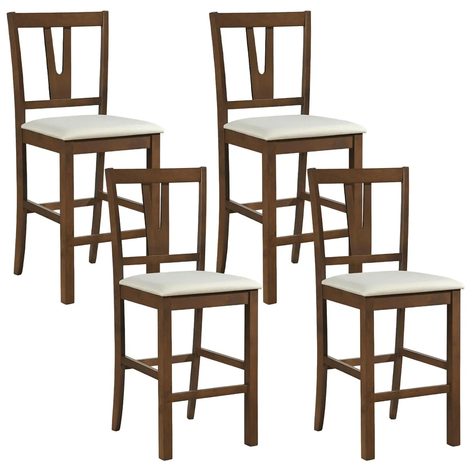 24'' Mid-Century Modern Solid Wood Bar Stools 4pcs w/V-Back & Cushioned Seat, Kitchen Island Home Bar, Customized