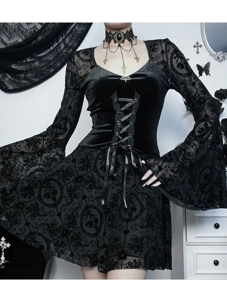 

Halloween Lace-up Dress Woman's Black Fashion V-neck Flared Sleeves Slim Dresses Autumn Winter Ladies Festival Party Vestidos