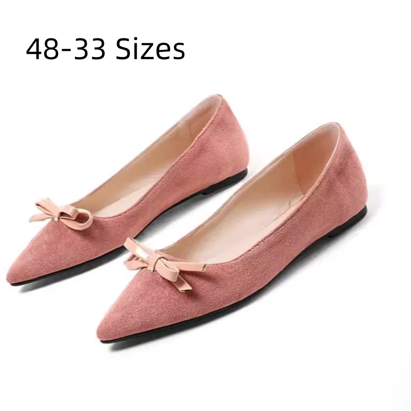 Women British Style Flats Pointy Tip Flock Shoes With Knot Pinkish Black Beige Ballet Pull-On Slip-On Wide Fits 48 33 47 Lovely