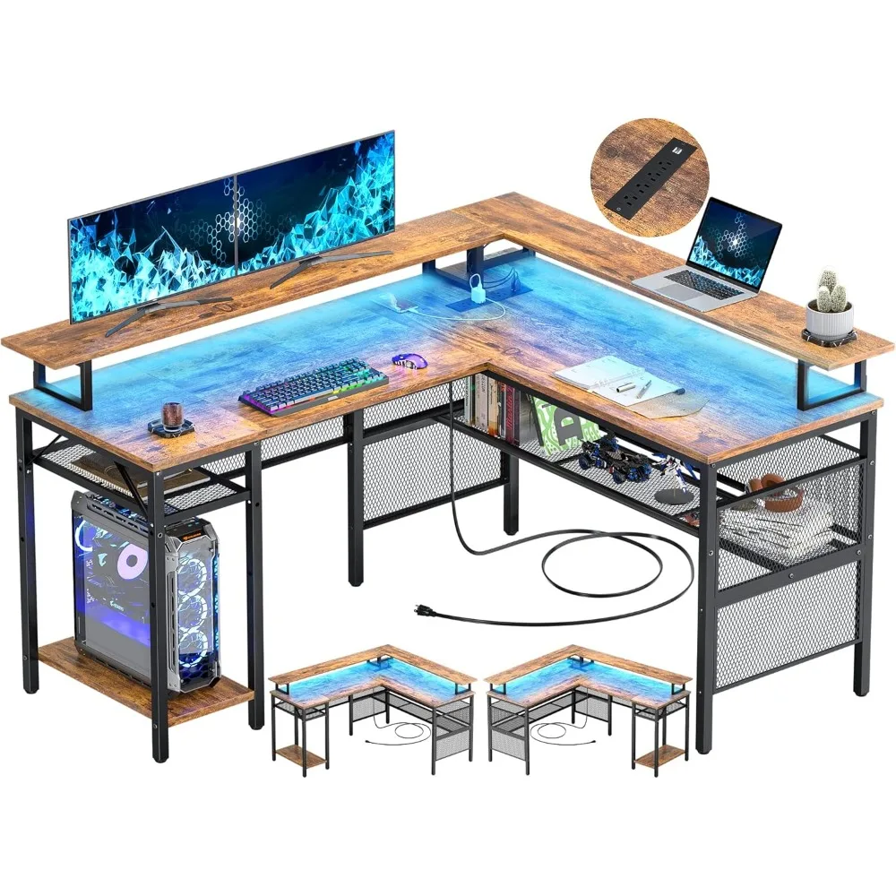 

L Shaped Desk with LED Light and Power Outlet, Reversible Corner Computer Table with Monitor Stand and Storage Shelf, Modern L-