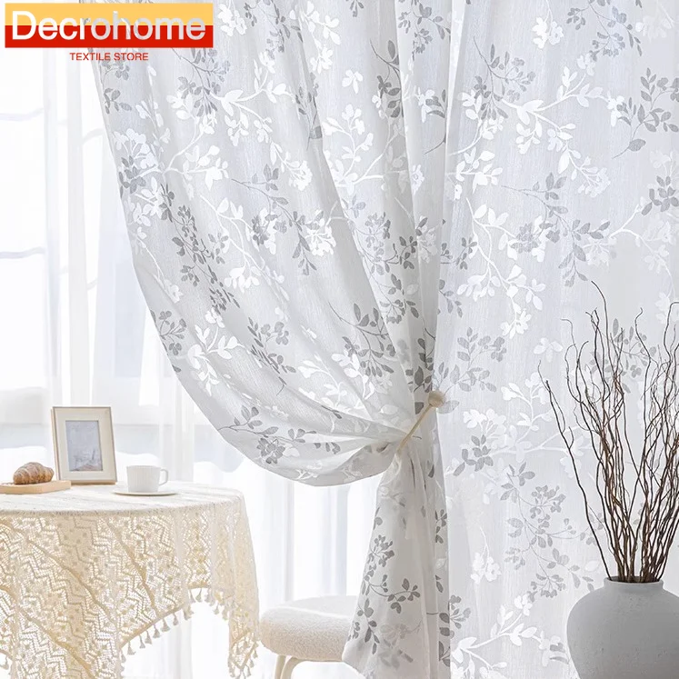 

Pastoral New Chinese Style Light Shadow White Yarn Jacquard Window Curtains for Living Room Bedroom French Balcony Bay Window