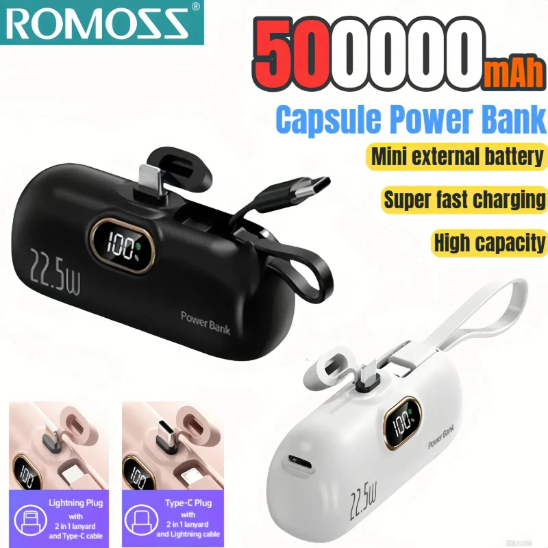 ROMOSS 500000mAh Mini Capsule Power Bank 22.5W High Capacity Super Fast Charging External Battery for iPhone Huawei Samsung