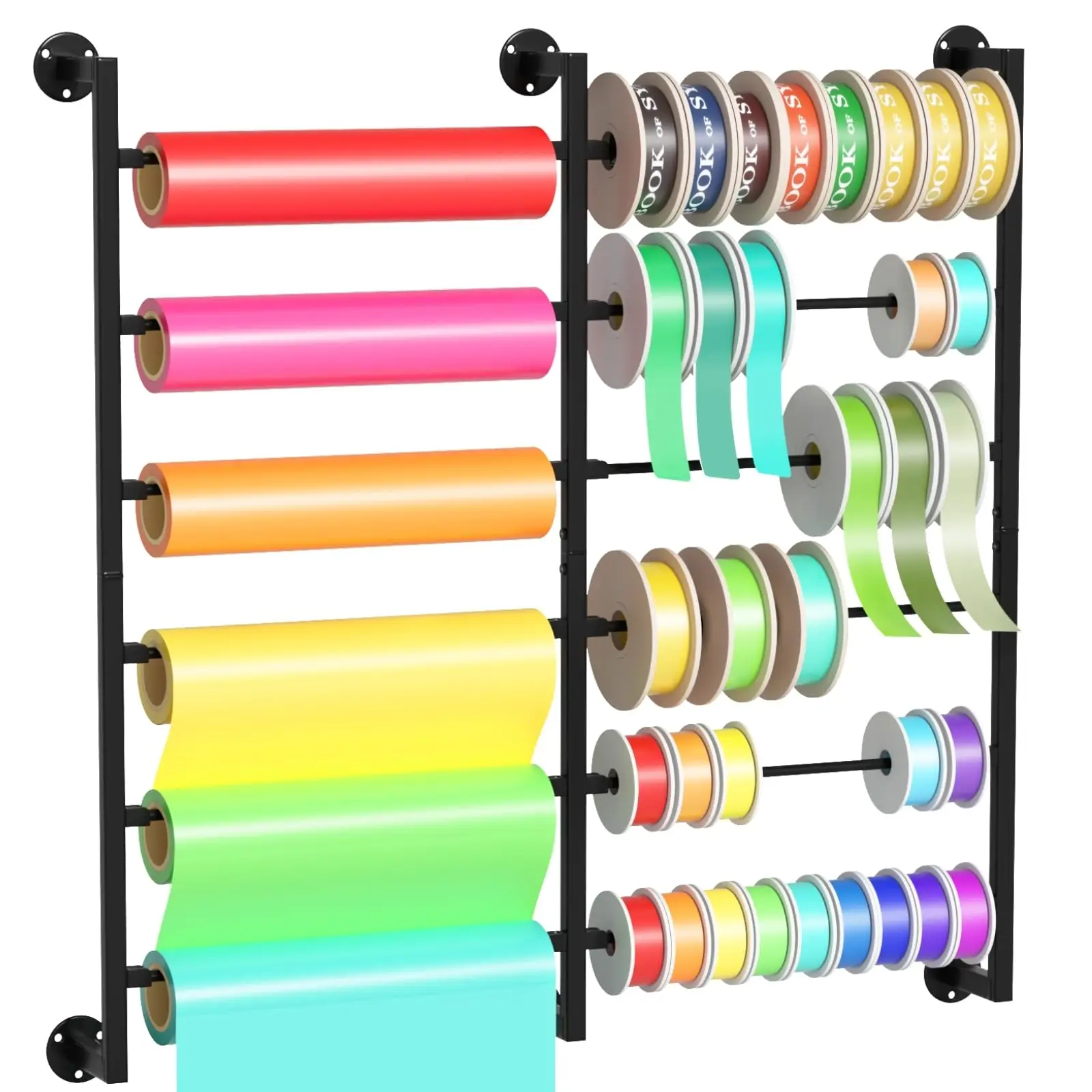 

Double 6-Tier Ribbon Storage Organizer, Large Capacity Wall Mount Ribbon Organizer with 12 Removable Rods, Gift Bag Yarn Storage
