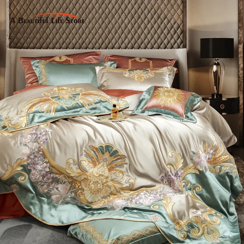 4/6/9Pcs Gorgeous Vintage Flowers And Gold Embroidery Bedding Set Brocade Egyptian Cotton Duvet Cover Set Bed Sheet Pillowcases