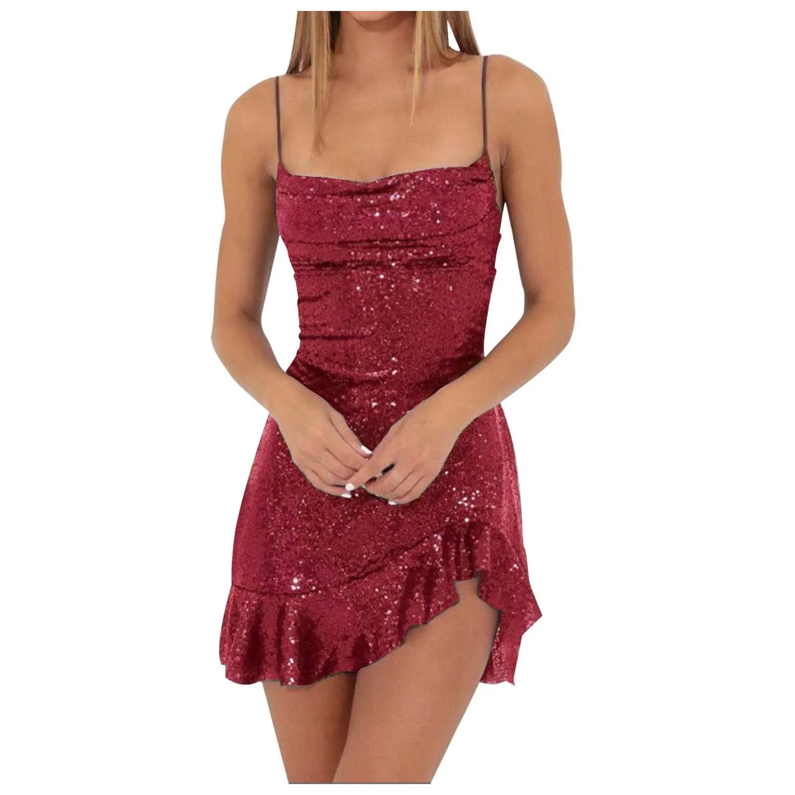 Sexy Slim Fitting Fashion Solid Color Sequin Back Cross Tie Ruffle Edge Sleeveless Suspender Irregular Hem Pleated Party Dress