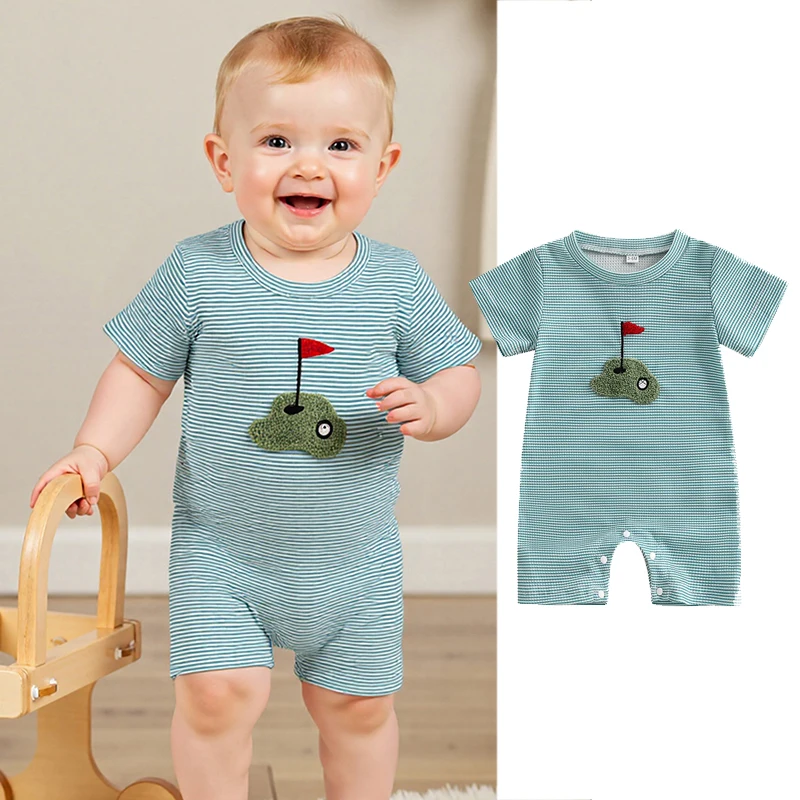 Newborn Baby Boy Waffle Rompers Summer Casual Golf Embroidery Short Sleeve Round Neck Jumpsuit Toddler Infant Playsuit