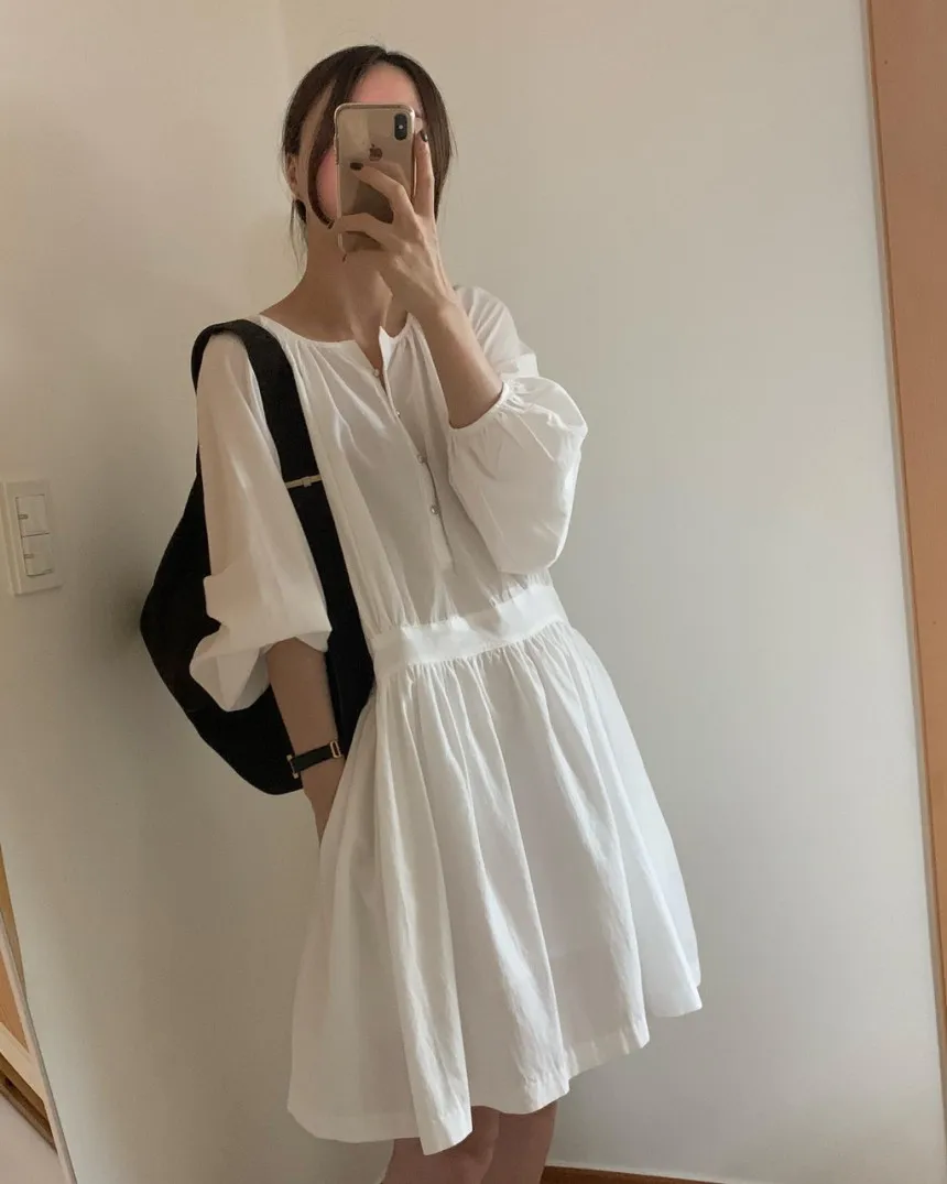 Spring Autumn Cotton Pleated Shirt Dress Women Brief Long Sleeve A-Line Ladies Dresses Vintage Woman Clothing 2024 New Arrival