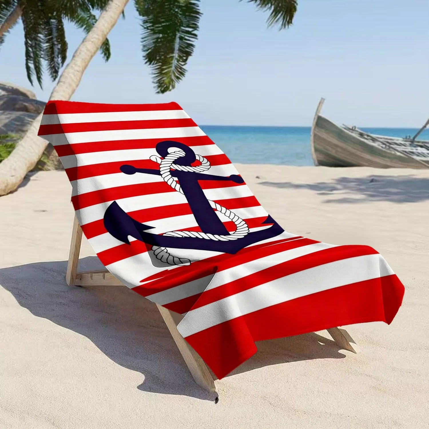 1pcs Nautical Style Anchor Pattern Soft Towel, Suitable for Beach, Red and White Striped Print, Microfiber Bath Towel