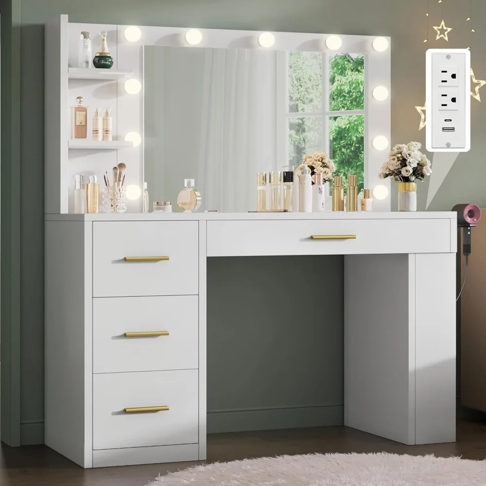 

Vanity Desk with Mirror and Lights, Makeup Table with Charging Station, Large Vanity Set with 4 Drawers, Cute Makeup De