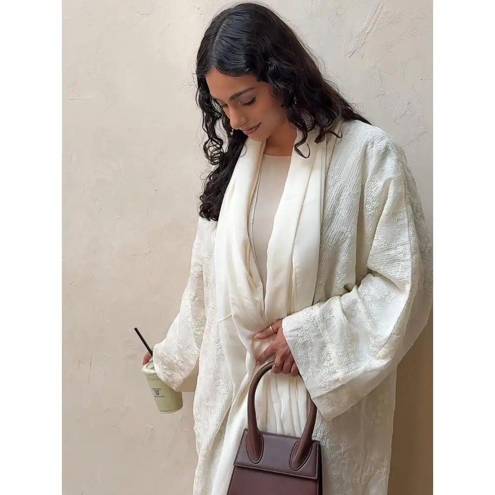 

Middle Eastern Muslim Women Abayas+Hajib 2pcs Islamic Kaftans Maxi Dresses Arabian Jilbabs Full Sleeve Loose Open Front Abaya