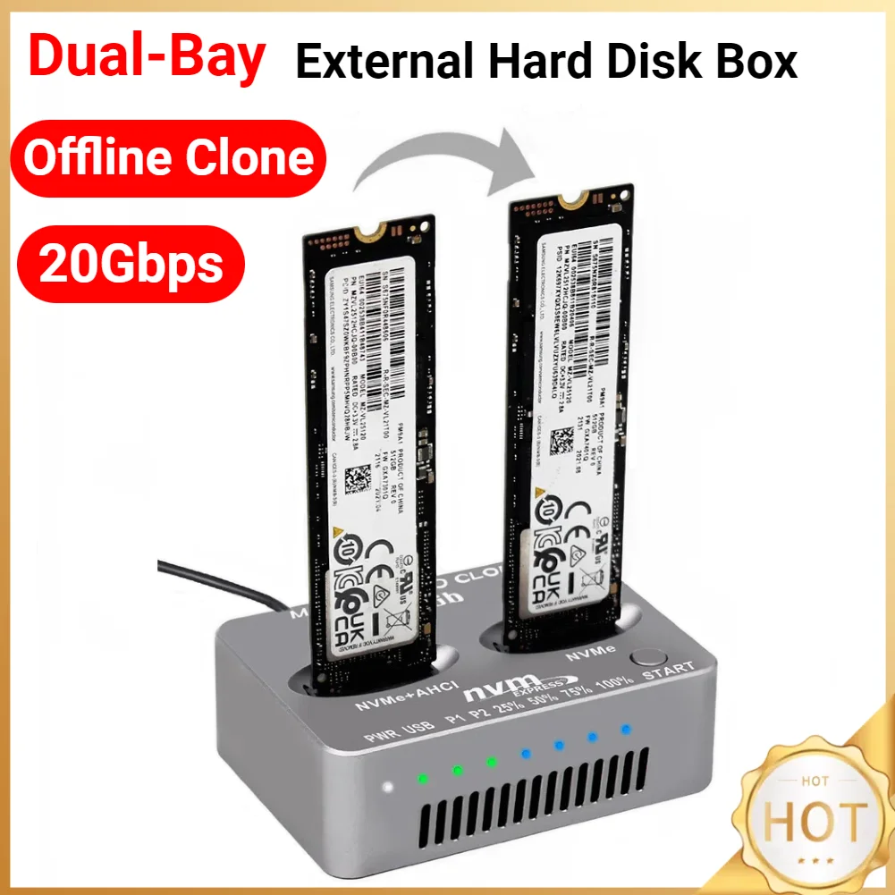 Dual-Bay NVME Docking Station Gen2X 20Gbps M.2 SSD Enclosure M/B M Key Solid Disk Case M.2 M.3 NVME PCI-E for M2 SSD M Key SSD