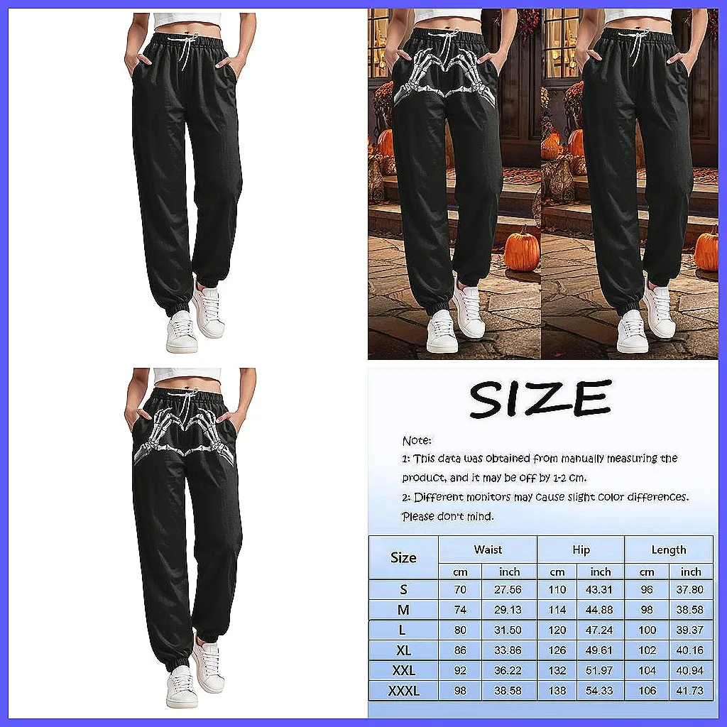 

Women's Halloween Printed Jogger Pants with Drawstring & Loose Belt, Casual Athletic Lounge Trousers