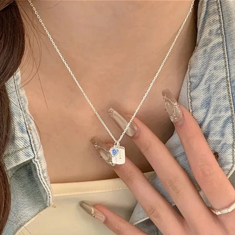 

S925 Sterling Silver Love Heart Zircon Square Letter Pendant Necklace for Women Fine Jewelry Light Luxury Minimalist Accessories