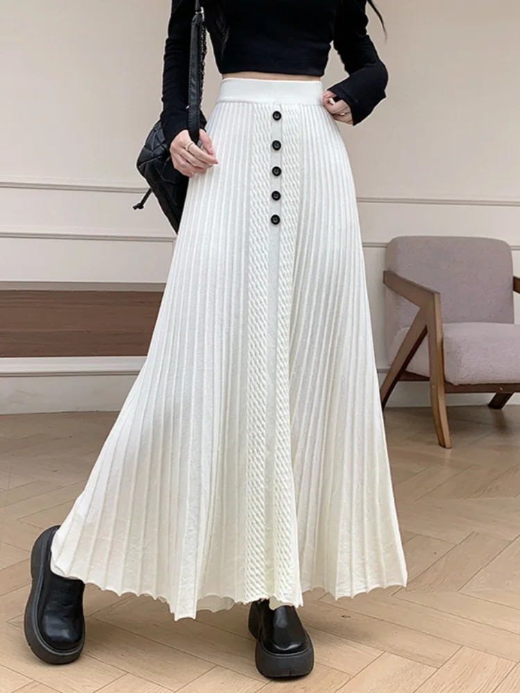 

SMTHMA 2025 New Autumn Winter Fashionable Temperament Slimming Knitted Pleated Skirt Woman Elegant Large Swing Long Skirt