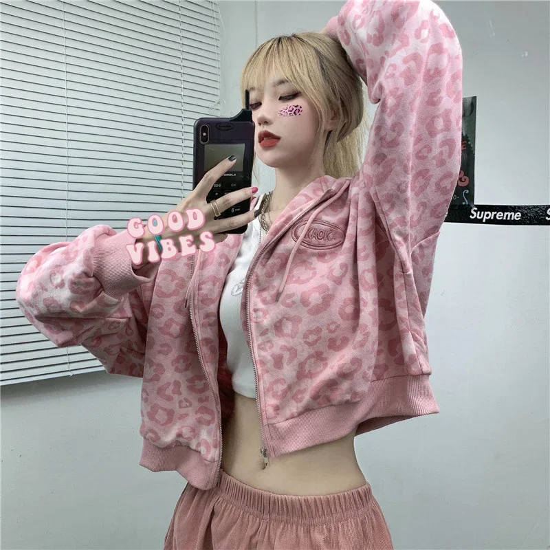 Streetwear Leopard Women Crop Hoodies Cute Pink Long Sleeve Fall Short Coats Loose Harajuku Oversize Female Tops Dropship